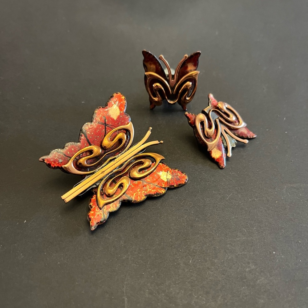 Matisse Renoir Copper Enamel Butterlfy Brooch and Earrings